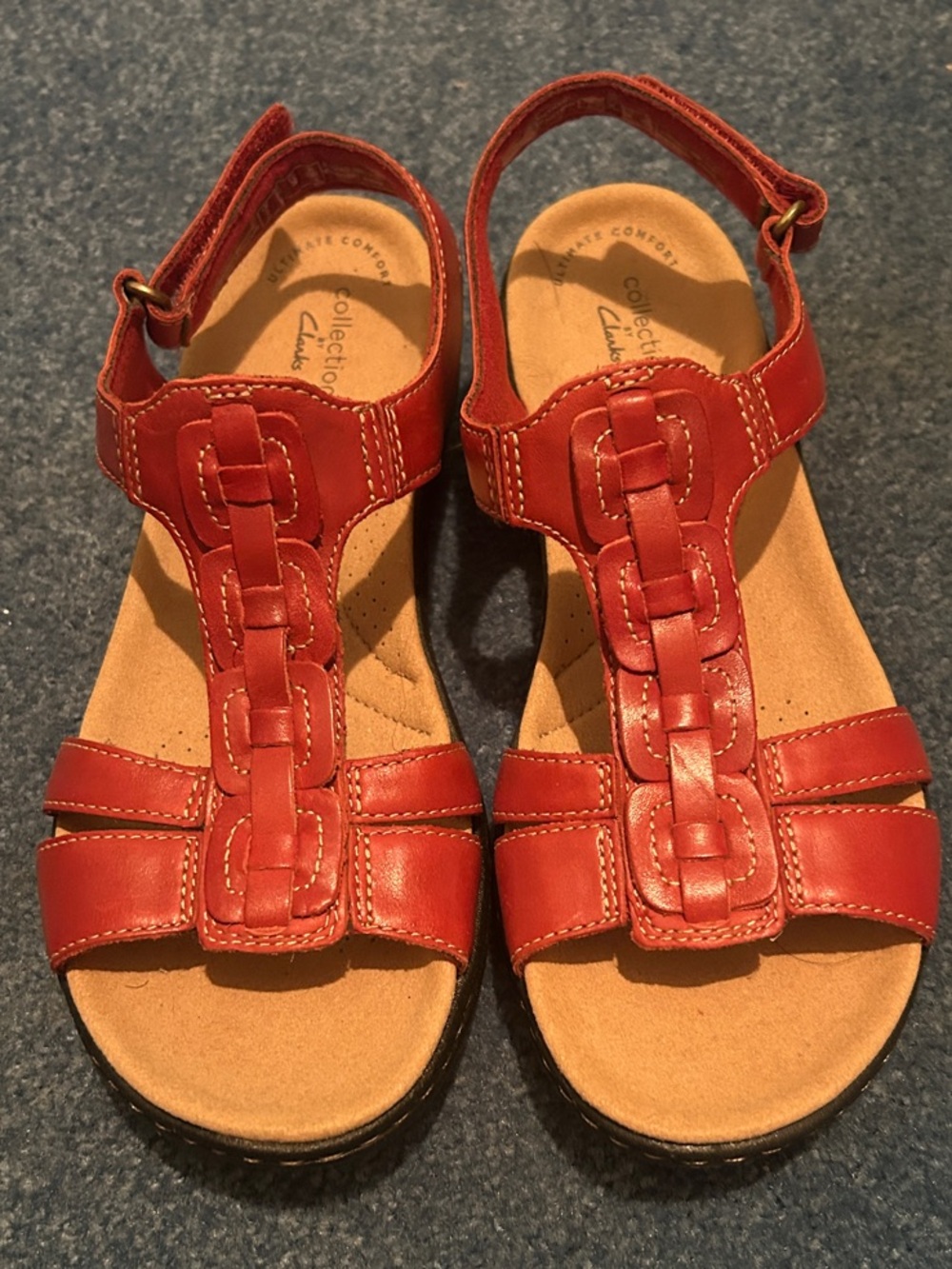 Clarks Red Leather Braided T-Strap Slingback Sandals